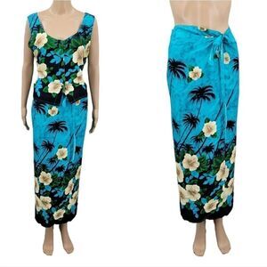 Thai Two Vintage Wrap Skirt and Tank Set Blue Tropical Hawaiian Women's